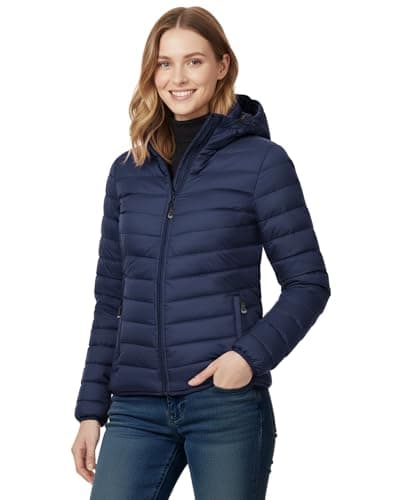 Image of 33,000ft Women's Lightweight Puffer Jacket Water Repellent Warm Packable Quilted Coat with Hood Ladies Transitional Padded Lined Jacket for Hiking Climbing Dark Blue M