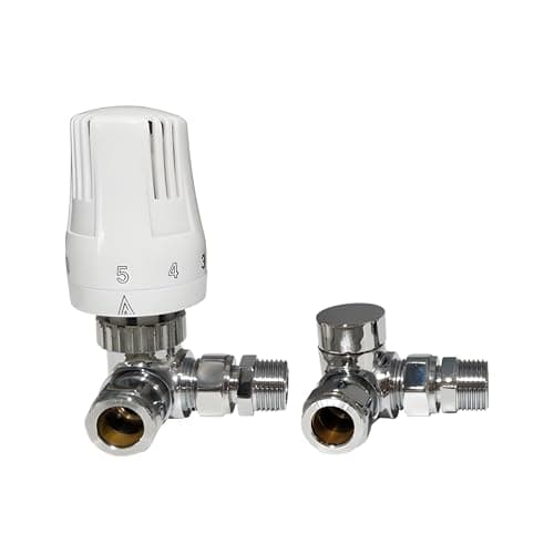 Image of HULTHOR 15mm Corner TRV and Lockshield Radiator Valve Set, Angled Thermostatic Radiator Valves with Lockshield, Liquid Filled Head, Bi-Directional Flow, Olives and Compression Nuts Included, Chrome
