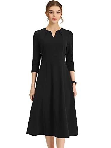 Image of Allegra K Women's 3/4 Sleeve Dresses V Neck Elegant A-Line Work Business Formal Midi Dress with Pockets, Black, S