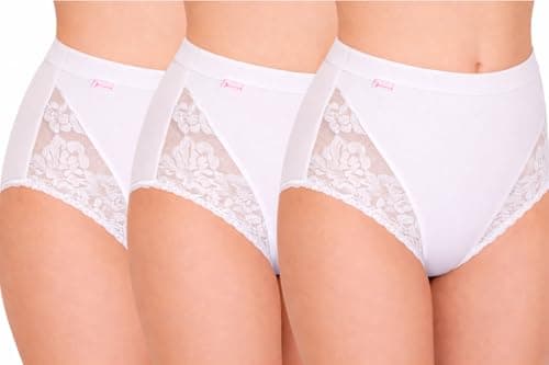 Image of Womens Maxi Briefs Cotton Knickers With Lace High Waisted Ladies Pants Full Coverage Underwear Soft Breathable Comfortable Everyday Multipack – 3 Pairs (UK, Numeric, 14, Regular, Regular, White)