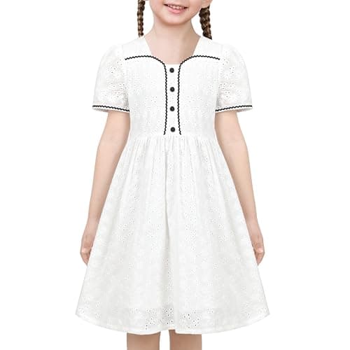 Image of Sunny Fashion Girls Dress White Floral Button Black Trim Square Short Sleeve School Age 8 Years