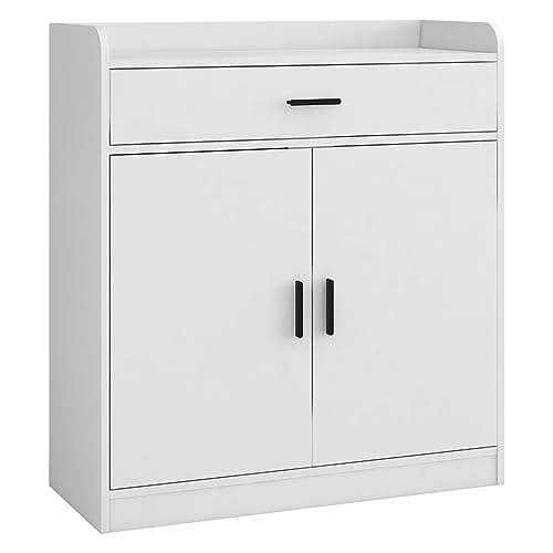 Image of Panana Modern 2-Door & 1 Drawer Shoe Cabinet, Stylish Hallway Storage Cupboard Freestanding Wooden Footwear Organiser Wall Hidden Shoe Rack Unit (WhiteS2)