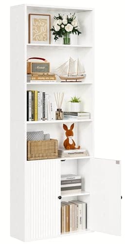 Image of IRONCK Bookcase, Bookshelf with Doors, 6 Tier Tall Book Shelf, Shelving Unit, 60x23.5x180cm Free Standing Display Shelf for Living Room, Home Office, Dinning Room (white)