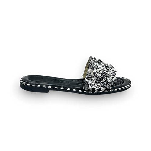 Image of LEMONADE Women's Crystal Embellished Slip-On Sliders, Black, Size 6, Casual, Flat, Faux Leather