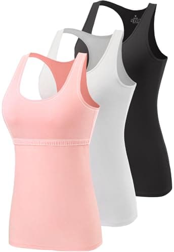 Image of Ymmchy Women Racerback Tank Top with Built in Shelf Bra Athletic Vest 3 Pack Black/White/Pink XL