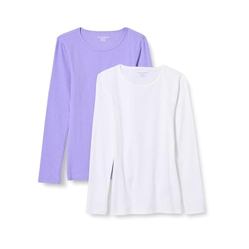 Image of Amazon Essentials Women's Slim-Fit Long Sleeve Rib Knit Crew Neck Top (Available in Plus Size), Pack of 2, Lavender/White, L
