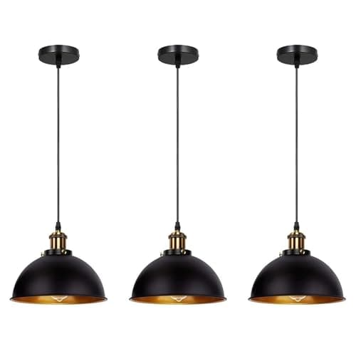 Image of DC VOLTAGE 3 Pack 1 Way Pendant Light E27 Black Inner Gold Metal Light Shade Industrial Ceiling Hanging Lights for Kitchen Bedroom Living Dining Room