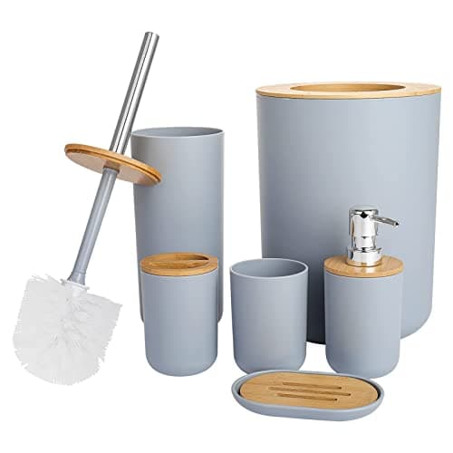 Image of 6-Piece Bathroom Accessories Set, Toilet Brush & Bin with Toothbrush Holder, Soap Dispenser, Soap Dish & Tumbler Cup, Modern Bathroom Set (Grey)