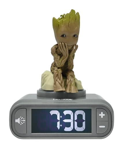 Image of LEXIBOOK, Marvel Guardians of the Galaxy, Groot Nightlight Alarm Clock, Sounds and Melodies, Backlit LCD Screen, Illuminated, Snooze, Grey/Brown, RL800GGLXB