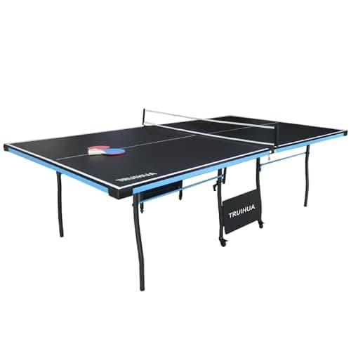 Image of 9FT Full Size Folding Table Tennis Table Indoor with Wheels & Solo Trainer Mode - Foldable/Outdoor Ping Pong Table - Black (274 x 152 x 76 CM)