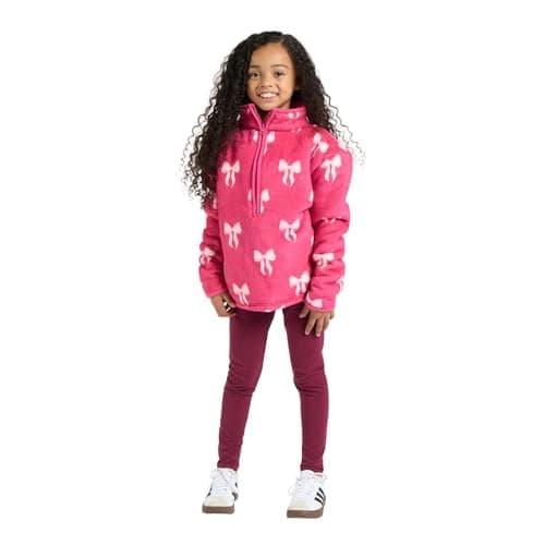 Image of OHS Kids Fleece Jacket Bow Print, Half Zip Fleece Top Lightweight Breathable Warm Winter Sweatshirt for Girls Soft Casual Long Sleeve Pullover for Outdoor Activities, Pink