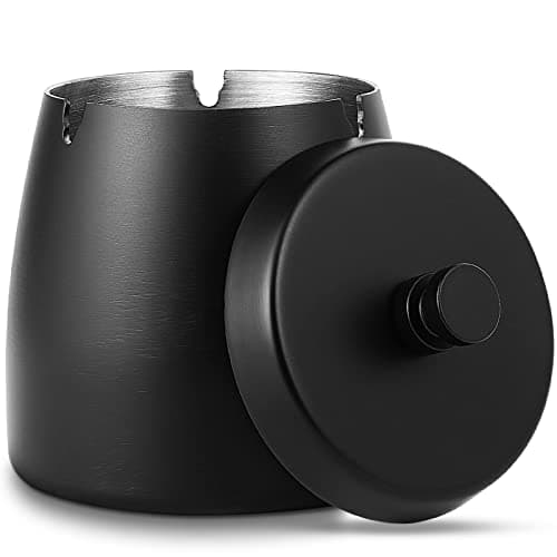 Image of Ashtray with Lid, Windproof Cigarette Ash Tray for Outdoor Indoor, Metal Ashtray Ash Holder with Lid Smell Proof for Garden Bar Balcony Home Office Decoration - Black