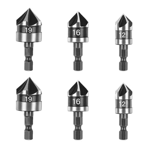 Image of 6 Pcs Countersink Drill Bit 1/4 Inch Hex Shank 5 Flute 90 Degree Chamfering Countersink Drill Bit Set 12mm 16mm 19mm Counter Sink Drill Bits for Wood Metal Countersink Drill Bit Set