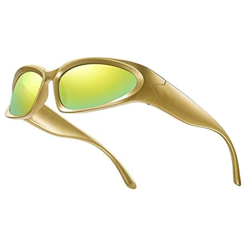 Image of YUELUQU Y2K Wrap Around Sunglasses Men's Women's Futuristic Outdoor Sports Sunshade UV400 Glasses (Gold Frame/Gold Lens)
