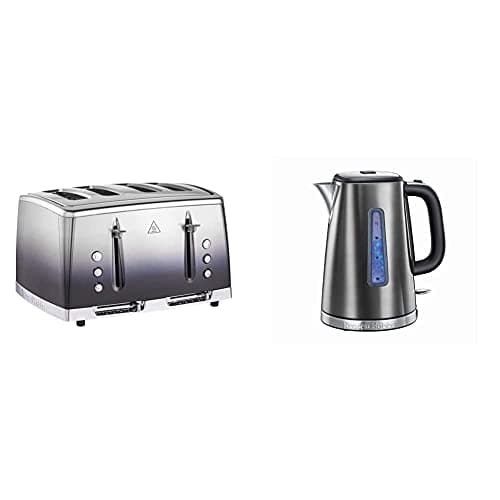 Image of Russell Hobbs 25141 Midnight Blue Eclipse Polished Stainless Steel Ombre Four Slice Toaster & 23211 Luna Quiet Boil Electric Kettle, Stainless Steel, 3000 W, 1.7 Litre, Grey
