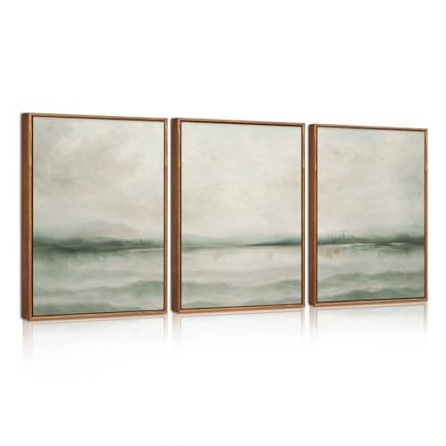 Image of CHDITB 3Pcs Framed Misty Green Mountain Lake Canvas Wall Art,Watercolor Abstract Natural Landscape Wall Decor,Neutral Modern Scenery Art Prints for Farmhouse Home Living Room Bedroom Office(30x40cm)