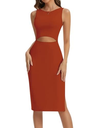 Image of SHAPERIN Women Bodycon Midi Dress Cutout Crew Neck Tank Dress with Side Slit Ribbed Casual Summer Dresses, Rust, M