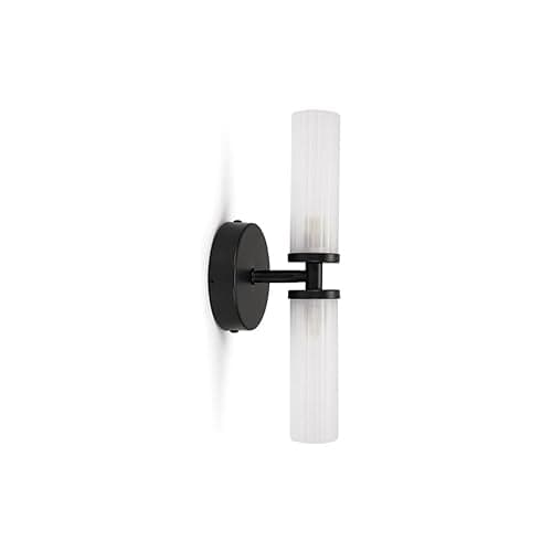 Image of MiniSun | Modern 2 Way Matt Black and Reeded Glass Shade Wall Light Fitting | Wall Lamps & Sconces, Home Décor & Improvement Essential | Includes 3W LED Bulbs | Mains Wired