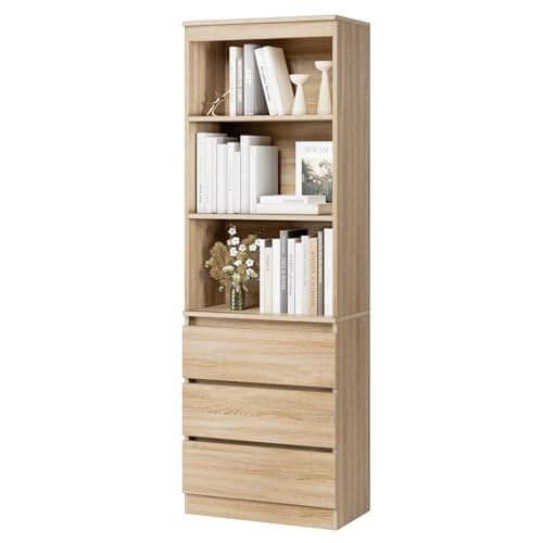 Image of FirFurd 180cm Tall Bookcase Bookshelf with 3 Drawers and Shelves Living Room Storage Cabinet Freestanding Display Cupboard Unit Wooden Oak