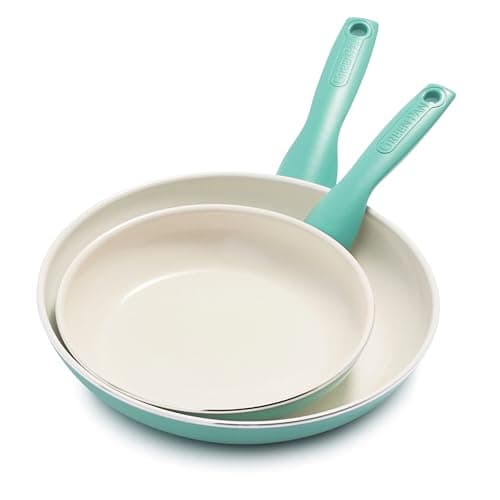 Image of GreenPan Rio Healthy Ceramic Non-Stick 2-Piece Frying Pan Skillets Set, 20cm & 26cm, PFAS Free, Stay-Cool Handle, Oven Safe up to 160°C, Turquoise & Cream