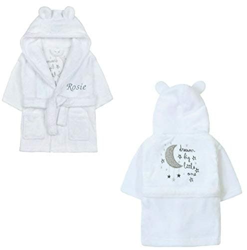 Image of PDTXCLS Baby Girl Boy Personalised Dressing Gown Bathrobe Hooded Teddy Bear Pink Blue Grey (6-12 Months, White Bear Dream)