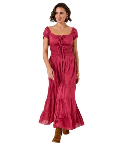 Image of Joe Browns Women's Boho Cotton Shirred Waist Maxi Dress, Regular, Red, UK 14