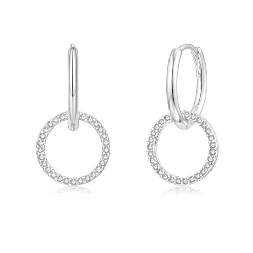 Image of Loutade Silver Hoop Earrings for Women Girls, 925 Sterling Silver Hoop Earrings with CZ Round Circle Charm Dangling, Trendy Lightweight Sleeper Silver Dangle Drop Earrings Huggie Hoops Jewelry Gifts