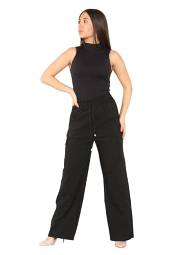 Image of STAR FASHION Ladies Cargo Combat Trouser Elastic Waistband Drawstring 4 Pocket Plain Wide Leg Palazzo Style Legging Trousers for Womens Black 12-14