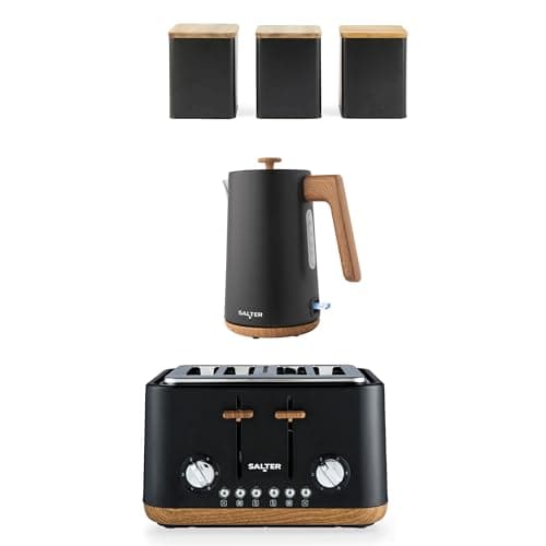 Image of Salter Toronto Kettle, Toaster & Countertop Set – Includes Tea, Sugar, Coffee Canisters, Rapid Boil, 4-Slice Wide Slots, Storage Canisters, Wooden Accents, Matt Black