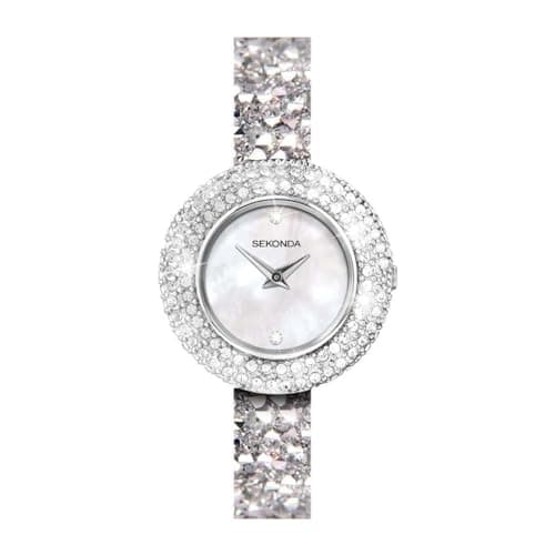 Image of Sekonda 30mm Womens Silver Crystal Set Watch Mother of Pearl Dial Stainless Steel Caseback