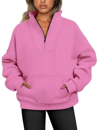 Image of Jhsnjnr Womens Oversized Fleece Pullover Sweatshirt Quarter Zip Jumper Workout Long Sleeve Sweaters Pink