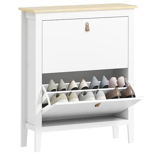 Image of HOMCOM 2 Drawer Shoe Cabinet with Flip Doors, Narrow Shoe Storage Cabinet with Removable and Adjustable Shelves, 14 Pairs Footwear Cupboard for Hallway, Entryway, 80 x 24 x 95.5 cm, White