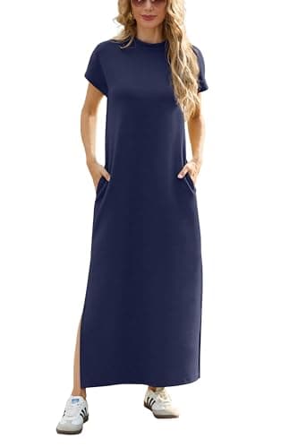 Image of GRECERELLE Womens Maxi Dress Wrinkle Free Summer Mock Neck Short Sleeve 2025 Casual Elegant Loose Split Long Dresses with Pockets (Navy Blue, L)