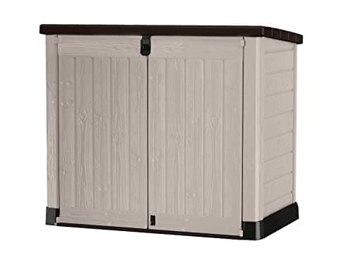 Image of Keter Store It Out Pro Outdoor Garden Furniture Storage Shed Beige with Brown Lid Fade Free All Weather Resistant Safe and Secure Zero Maintenance 5 year Warranty