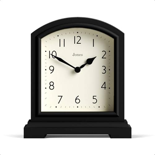 Image of Jones Clocks® Tavern mantel clock | Small modern arch top design | Black | Contemporary classic style for desk, table, shelf or bedside
