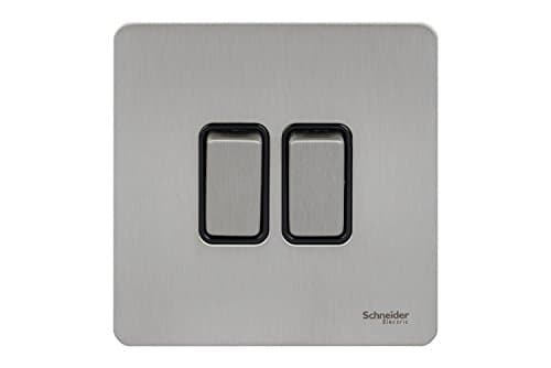 Image of Schneider Electric Ultimate Screwless Flat Plate - Double Rocker 2 Way Light Switch, Single Pole, 16AX, GU1422BSS, Stainless Steel with Black Insert