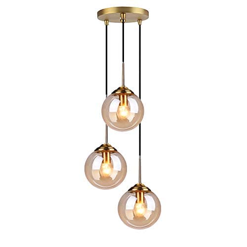 Image of HJXDtech Industrial Vintage 3 Lights Pendant Light,Glass Globe 3 Pendants Ceiling Light, Brass E27 Hanging Lamp Cluster Over Kitchen Island & Dining Room Table (Amber)