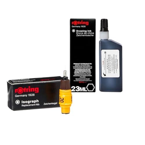 Image of Rotring Isograph 0.20 mm Replacement Nib + Black 23 ml Ink Bottle – Technical Drawing Set for Precision Work on Line Board, Vellum & Tracing Paper – Waterproof Pigment Ink