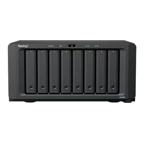 Image of Synology DS1825+ 32TB (Synology HAT33) 8 bay Plus series with Ryzen V1500B, 8GB Ram (32GB max), 2x 2.5GbE, 2x M.2 NVMe slots. PCIe slot for NIC options. DX525 expansion available via Type-C.
