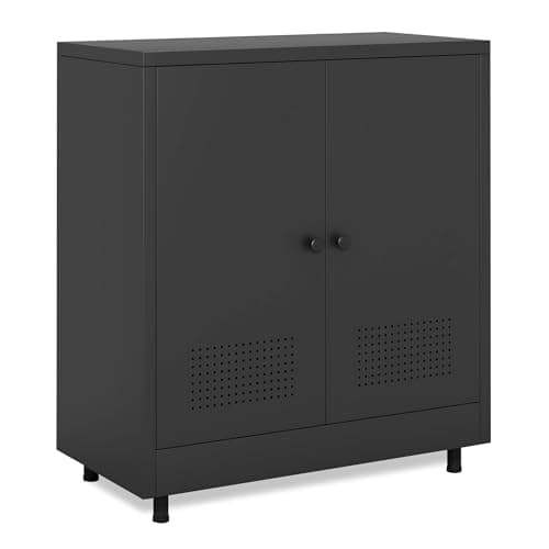 Image of JINKUR Metal Storage Cupboard with 2 Doors and Adjustable Shelf, Steel Accent Sideboard Buffet Cabinet for Home, Office, Entryway, Living Room, Kitchen Pantry and Dining Room (Black)