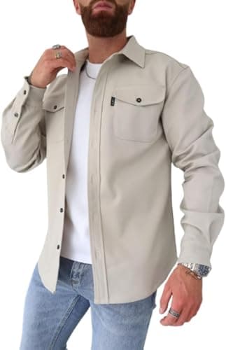 Image of ArknAv Men's Button Down Shirt Jacket Casual Stylish Shirt Jackets Casual Youth Men's Shirt(Beige,2XL)