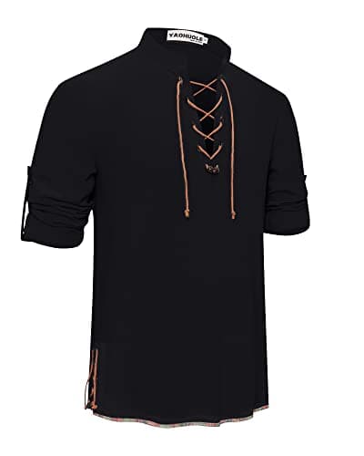 Image of YAOHUOLE Linen Shirts for Men Smart Casual Long Sleeve Collarless Cozy Lace-up Shirts Plain Tops Cotton Classic Scottish Jacobite Ghillie Kilt Shirt Black L