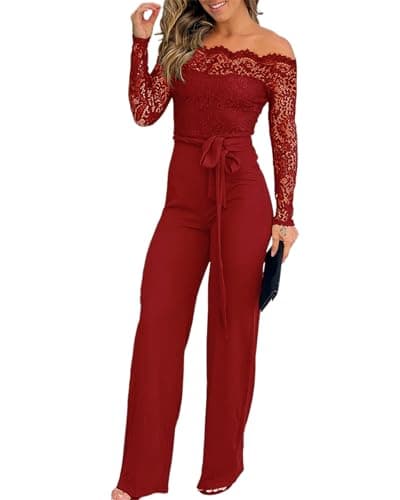 Image of CHICME Womens Dressy Jumpsuits Casual One Piece Outfits Off Shoulder Lace Trim Overalls Straight Leg Pants, Wine Red, L