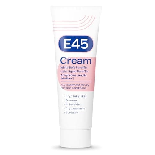 Image of E45 Cream 50 g – Moisturiser for Dry Skin and Sensitive Skin - Emollient Body Cream to Soothe Dry and Irritated Skin - Itchy Skin, Eczema Cream - Perfume-Free Face Cream and Non-Greasy Hand Cream