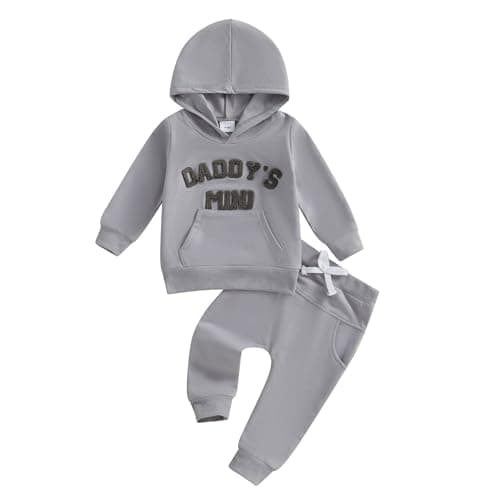 Image of JiAmy Toddler Baby Boys Clothes 2Pcs Daddy's Mini Print Long Sleeve Hoodie Sweatshirt Pants Set Newborn Tracksuit Clothing Outfit for Grey 0-6 months