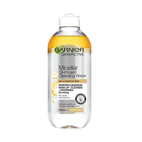 Image of Garnier Micellar Cleansing Water For Dry Skin 400ml, Oil Infused Cleanser & Waterproof Makeup Remover, Recognised By The British Skin Foundation, Use With Reusable Micellar Eco Pads