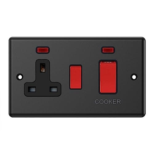 Image of Matt Black Cooker Control Unit w/Neon Black Insert - 2-Gang 45A Cooker Switch with 13A Switched Plug Socket and Neon Indicators