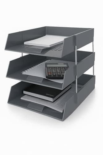 Image of OS Smart Choice A4 Letter Trays, 3-Tier Stackable Document Organiser, Plastic Desktop Filing System, GREY