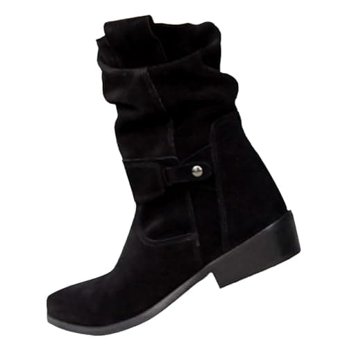 Image of Slouch Mid Calf Flat Boots for Women UK 5 Clearance Low Heeled Flats Boots Mid Calf Boots Women Suede Slip On Casual Boots with Side Zipper Pull on Slouchy Flat Boots Black