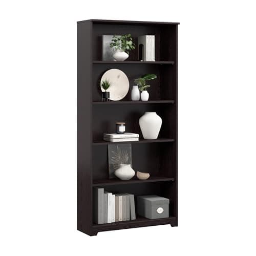 Image of Bush Home Tall 5 Shelf Bookcase, Large Open Bookshelf, Sturdy Display Cabinet for Living Room or Home Office, Cabot Collection, Espresso Oak
